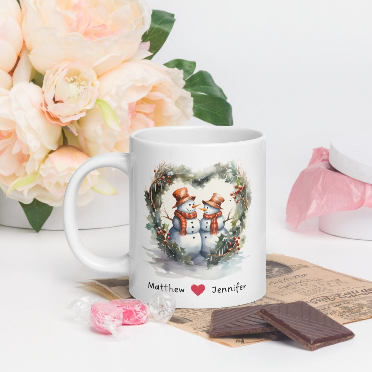 Personalized Lovers Mug Custom Valentines Day Snowman Couple Mug Gift for Couple Gift Idea for Him and Her Cute Custom Name Anniversary Gift - Everything Pixel