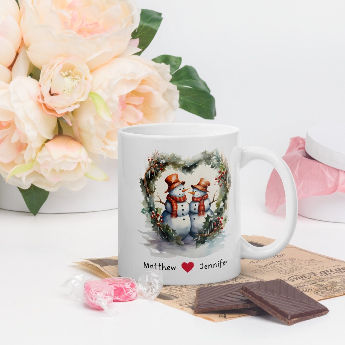 Personalized Lovers Mug Custom Valentines Day Snowman Couple Mug Gift for Couple Gift Idea for Him and Her Cute Custom Name Anniversary Gift - Everything Pixel