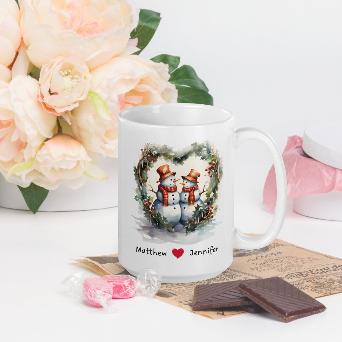 Personalized Lovers Mug Custom Valentines Day Snowman Couple Mug Gift for Couple Gift Idea for Him and Her Cute Custom Name Anniversary Gift - Everything Pixel