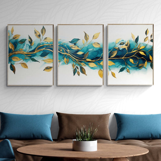 Petrol and Gold Wall Art Set of 3 Prints Abstract Petrol Design on White Background and Golden Leaves Living Room Decor Print - Everything Pixel