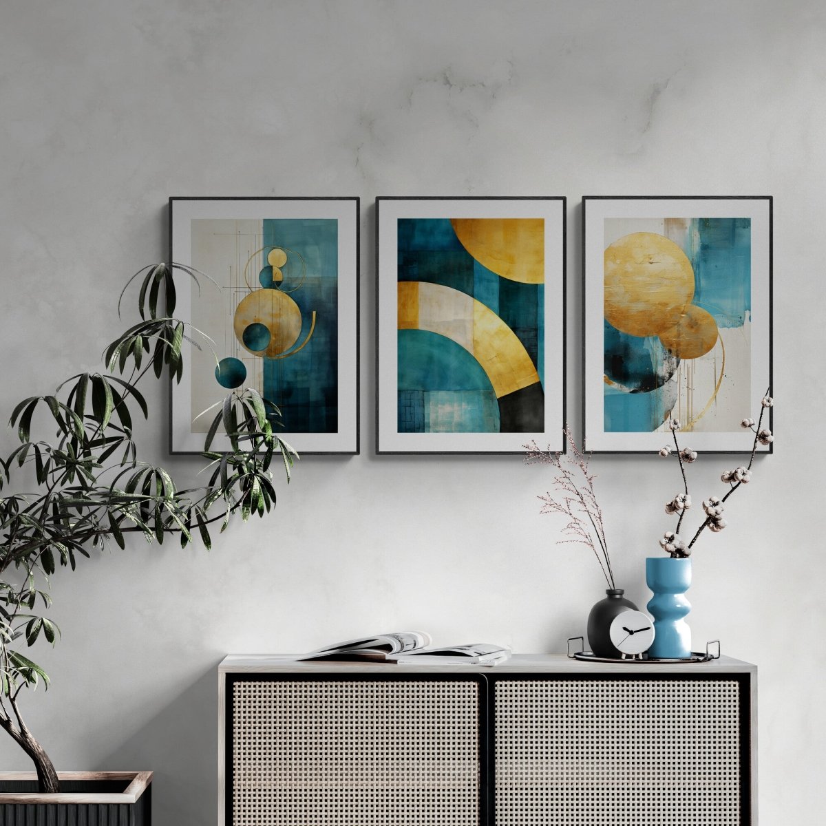 Petrol and Gold Wall Art Set of 3 Prints Abstract Petrol Design with Golden Round Shapes Living Room Decor Paper Poster Prints Minimalist Art - Everything Pixel