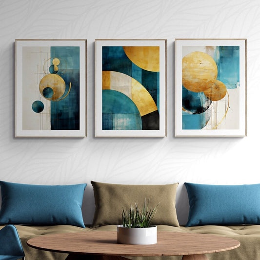 Petrol and Gold Wall Art Set of 3 Prints Abstract Petrol Design with Golden Round Shapes Living Room Decor Print Minimalist Art - Everything Pixel