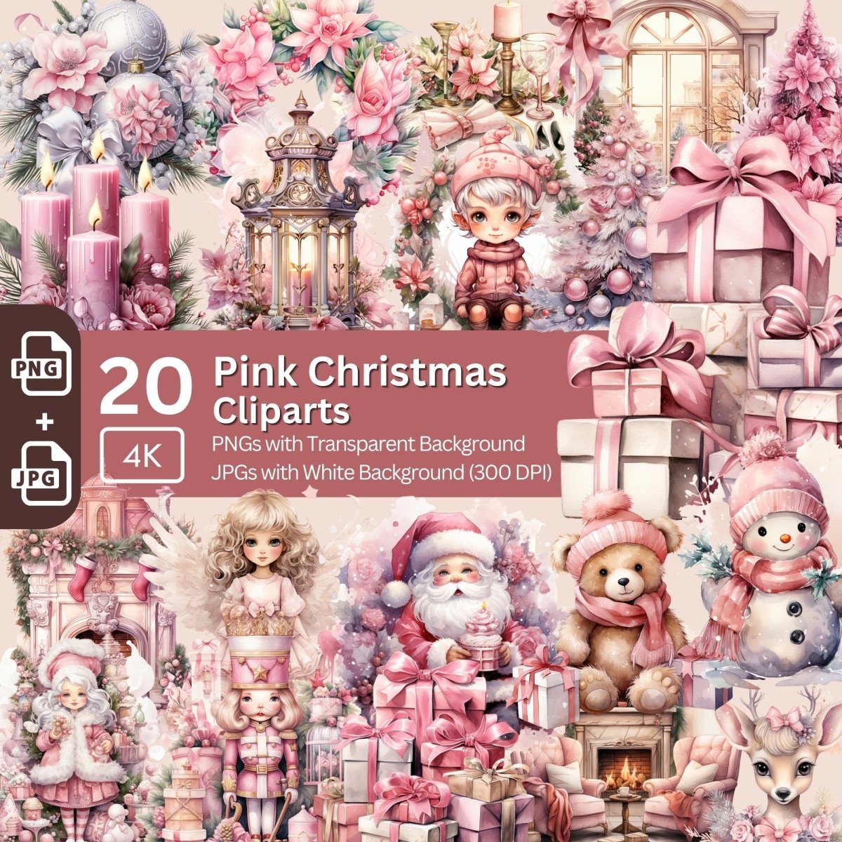 Pink Christmas Clipart 20x PNG Bundle Festive Advent Clipart - Everything Pixel