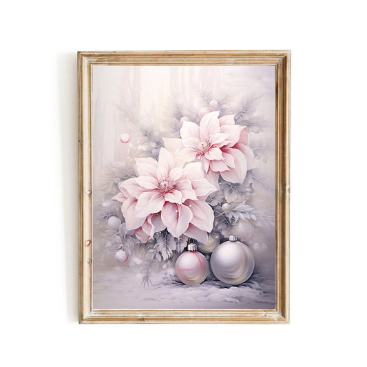 Pink Christmas Decor Wall Art Seasonal Watercolor Painting Charming Soft Muted Colors Pink Farmhouse Decoration Pink Poinsettias Paper Poster Print - Everything Pixel