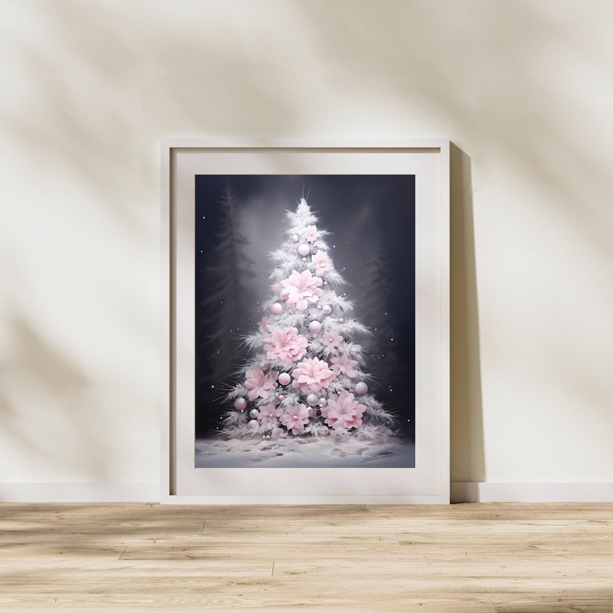 Pink Christmas Tree Wall Art Seasonal Painting Charming Christmas Artwork Pink Farmhouse Decoration Winter Wonderland Print Paper Poster Print - Everything Pixel