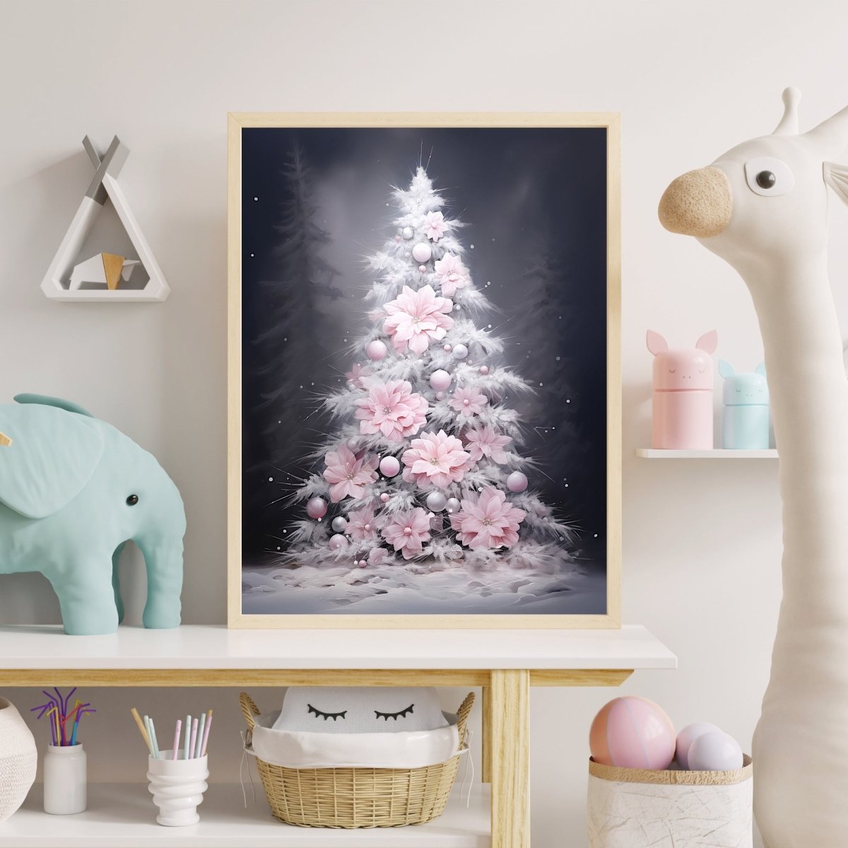 Pink Christmas Tree Wall Art Seasonal Painting Charming Christmas Artwork Pink Farmhouse Decoration Winter Wonderland Print Paper Poster Print - Everything Pixel