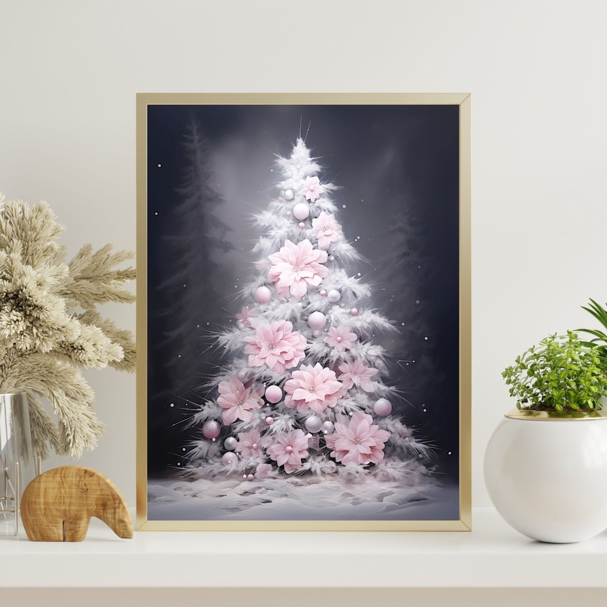 Pink Christmas Tree Wall Art Seasonal Painting Charming Christmas Artwork Pink Farmhouse Decoration Winter Wonderland Print Paper Poster Print - Everything Pixel