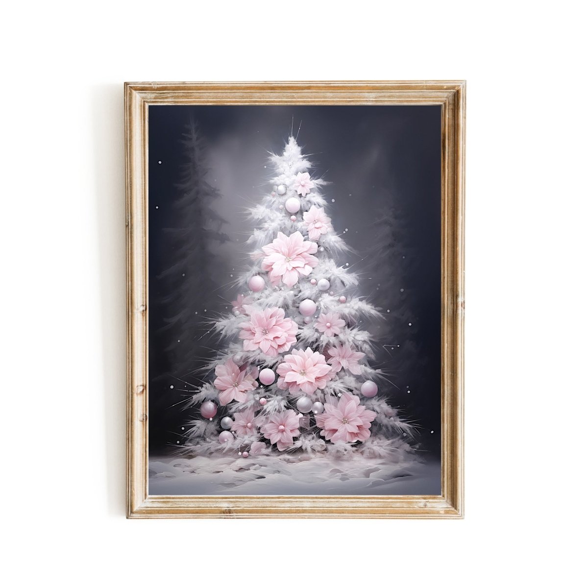 Pink Christmas Tree Wall Art Seasonal Painting Charming Christmas Artwork Pink Farmhouse Decoration Winter Wonderland Print Paper Poster Print - Everything Pixel