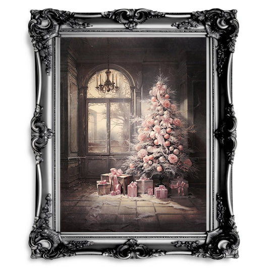 Pink Gothic Christmas Tree Wall Art Abandoned Mansion Christmas Painting Dark Cottagecore Artwork Gothic Christmas Haunted Art Paper Poster Print - Everything Pixel