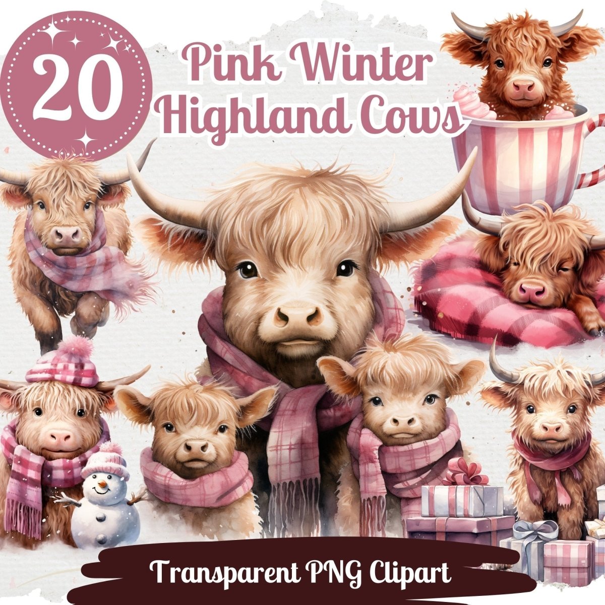 Pink Highland Cow Winter Clipart 20 PNG Bundle Christmas Watercolor Images Seasonal Children Book Graphics Girly Card Making Xmas Family - Everything Pixel