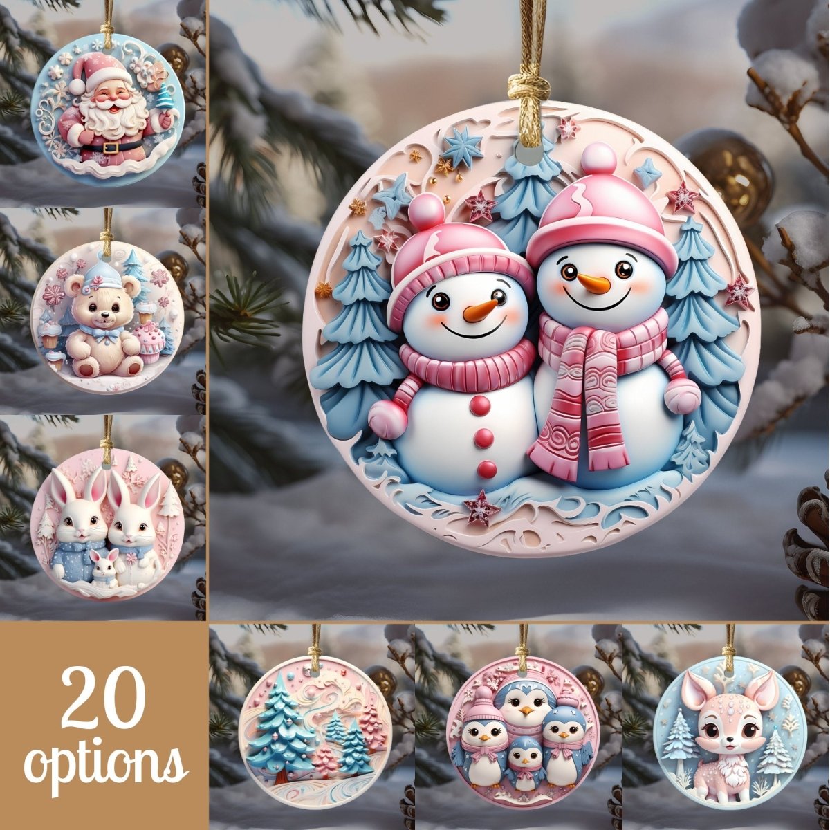 Pink Nursery Ornament Set of 20 Round Ceramic Ornaments Soft Pink Blue 3D Style Print on Ornament (no Relief) Christmas Tree Decoration - Everything Pixel