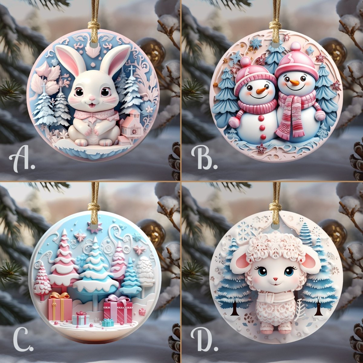Pink Nursery Ornament Set of 20 Round Ceramic Ornaments Soft Pink Blue 3D Style Print on Ornament (no Relief) Christmas Tree Decoration - Everything Pixel