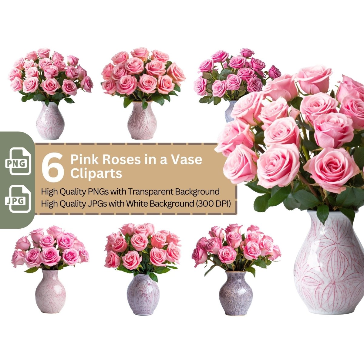 Pink Roses in Vase 6+6 PNG Bundle for Sublimation Clipart - Everything Pixel