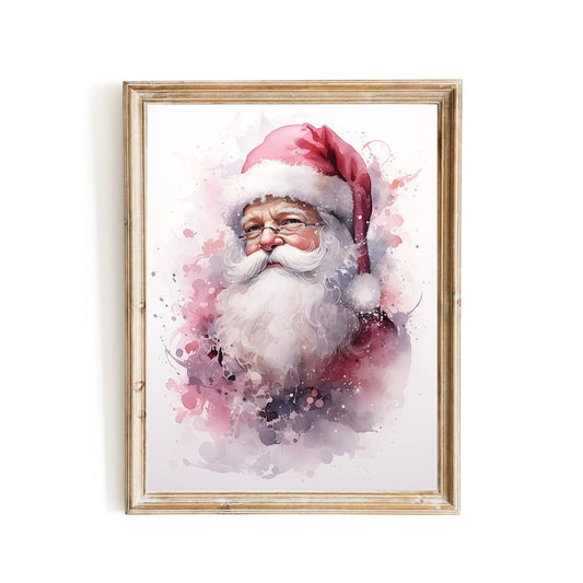Pink Santa Claus Wall Art Seasonal Watercolor Painting Charming Christmas Artwork Pink Farmhouse Decoration Nursery Print Paper Poster Print - Everything Pixel