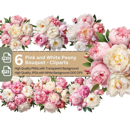 Pink & White Peony Bouqut 6+6 PNG Clip Art Bundle Illustration - Everything Pixel