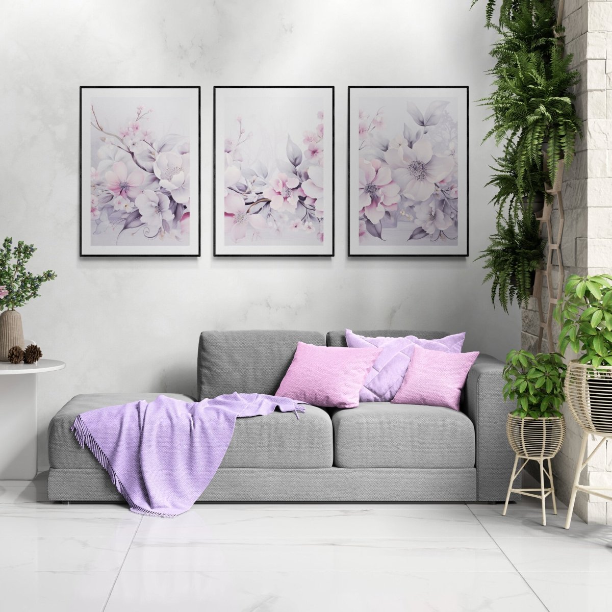 Pink Winter Blossom 3 Piece Wall Art Seasonal Triptych Painting Charming Soft Muted Colors Pink Winter Farmhouse Decoration Paper Poster Print - Everything Pixel