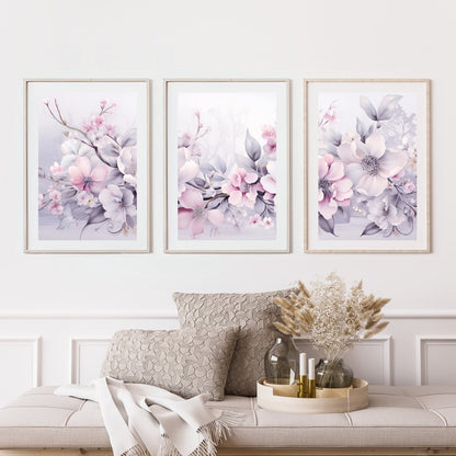 Pink Winter Blossom 3 Piece Wall Art Seasonal Triptych Painting Charming Soft Muted Colors Pink Winter Farmhouse Decoration Paper Poster Print - Everything Pixel