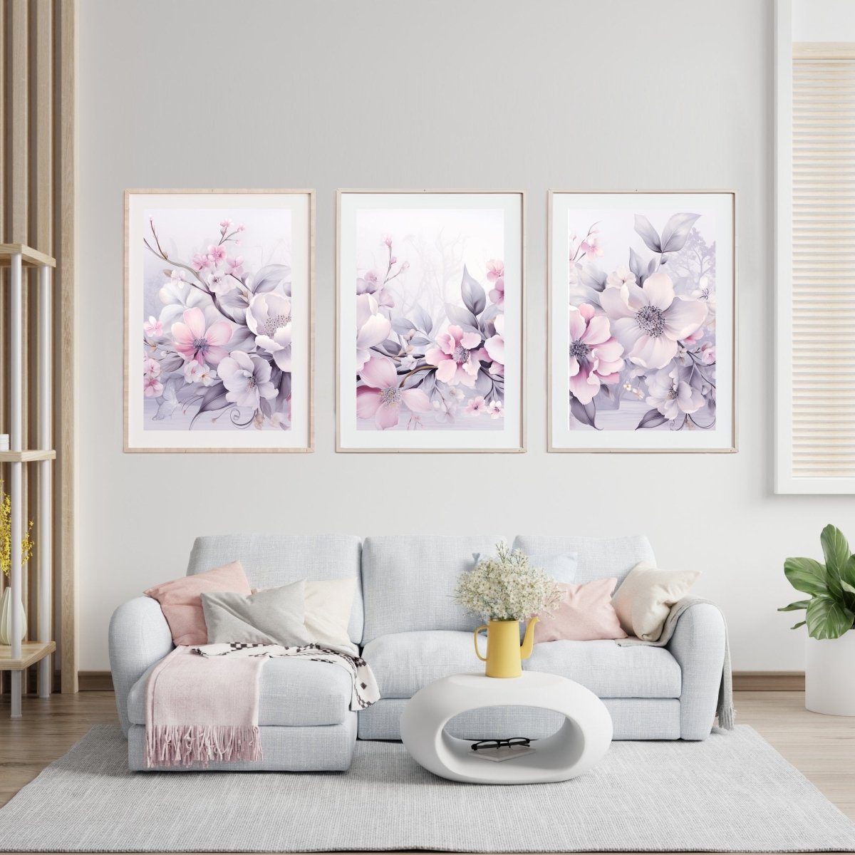 Pink Winter Blossom 3 Piece Wall Art Seasonal Triptych Painting Charming Soft Muted Colors Pink Winter Farmhouse Decoration Paper Poster Print - Everything Pixel