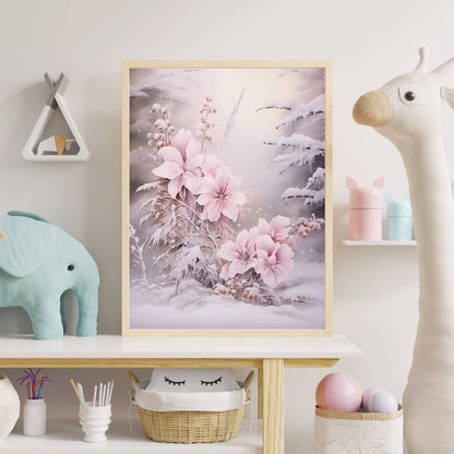 Pink Winter Blossom Wall Art Seasonal Floral Painting Charming Soft Muted Colors Pink Farmhouse Decoration Snowy Flowers Paper Poster Print - Everything Pixel