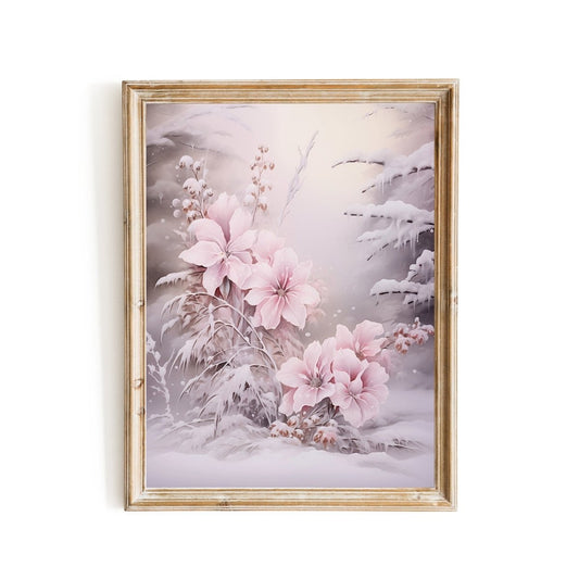 Pink Winter Blossom Wall Art Seasonal Floral Painting Charming Soft Muted Colors Pink Farmhouse Decoration Snowy Flowers Paper Poster Print - Everything Pixel