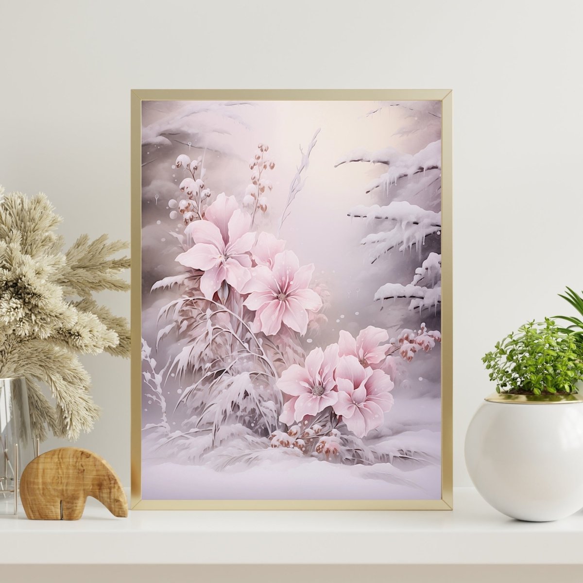 Pink Winter Blossom Wall Art Seasonal Floral Painting Charming Soft Muted Colors Pink Farmhouse Decoration Snowy Flowers Paper Poster Print - Everything Pixel