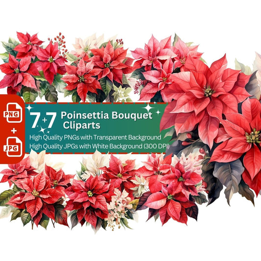 Poinsettia Bouquet 7+7 PNG Clip Art Bundle Christmas Decoration - Everything Pixel