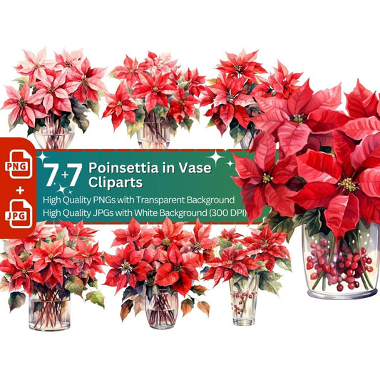 Poinsettia in Vase 7+7 PNG Clip Art Bundle Christmas Decoration - Everything Pixel