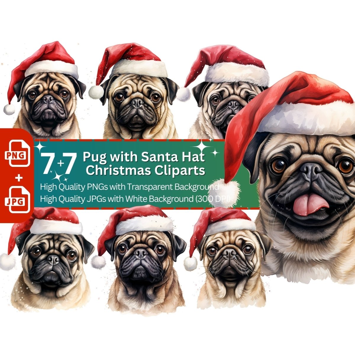 Pugs with Santa Hat 7+7 PNG Clip Art Bundle Christmas Decoration - Everything Pixel