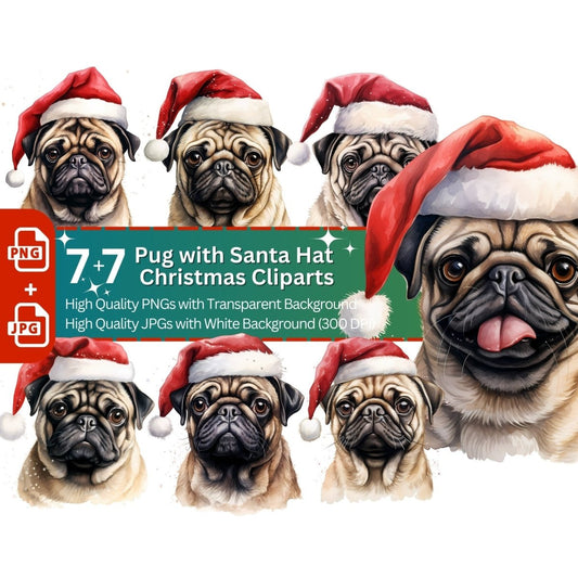 Pugs with Santa Hat 7+7 PNG Clip Art Bundle Christmas Decoration - Everything Pixel