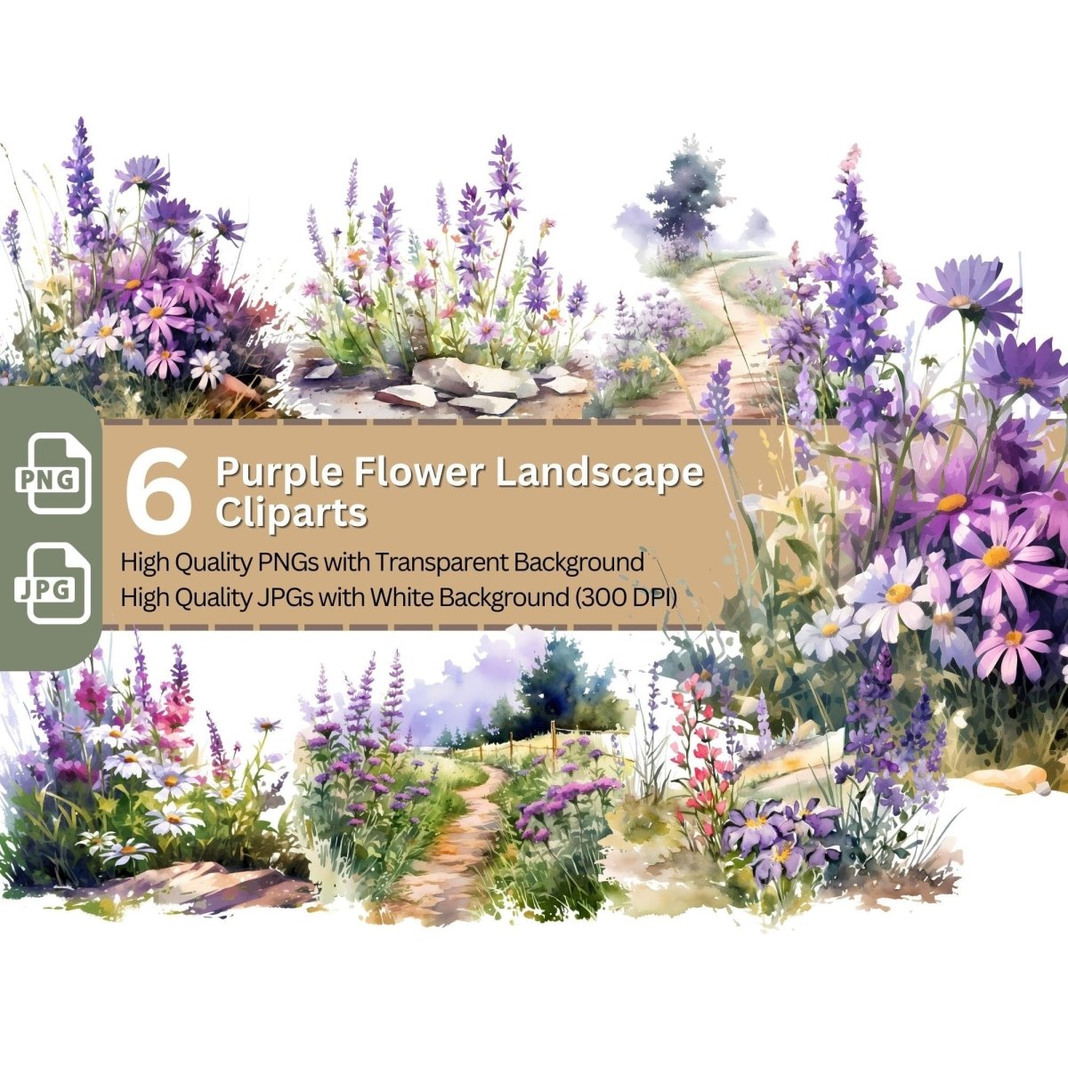 Purple Flower Landscape 6+6 PNG Clip Art Bundle Watercolor Summer Meadow - Everything Pixel