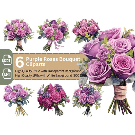Purple Rose Bouquet 6+6 PNG Bundle for Sublimation Clipart - Everything Pixel