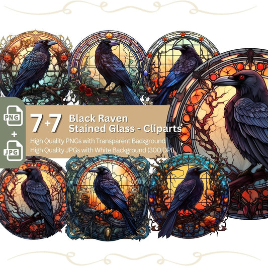 Raven Stained Glass Clipart 7+7 High Quality PNG Bundle Gothic - Everything Pixel