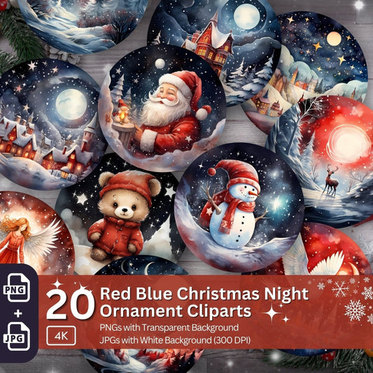 Red Blue Christmas Night Ornaments 20 PNG Printable Bundle Sublimation Design Festive Round Stickers Cute Animal Clipart Colorful Graphics - Everything Pixel