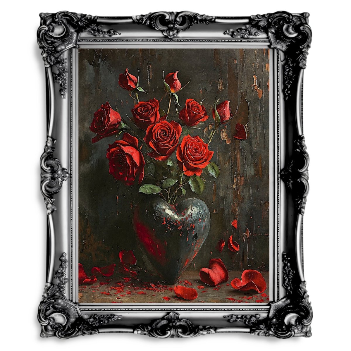 Red Rose Valentine Wall Art Still Life Oil Painting Heart with Red Roses Gothic Decor Goblincore Decor Dark Romance Print Paper Poster Print - Everything Pixel
