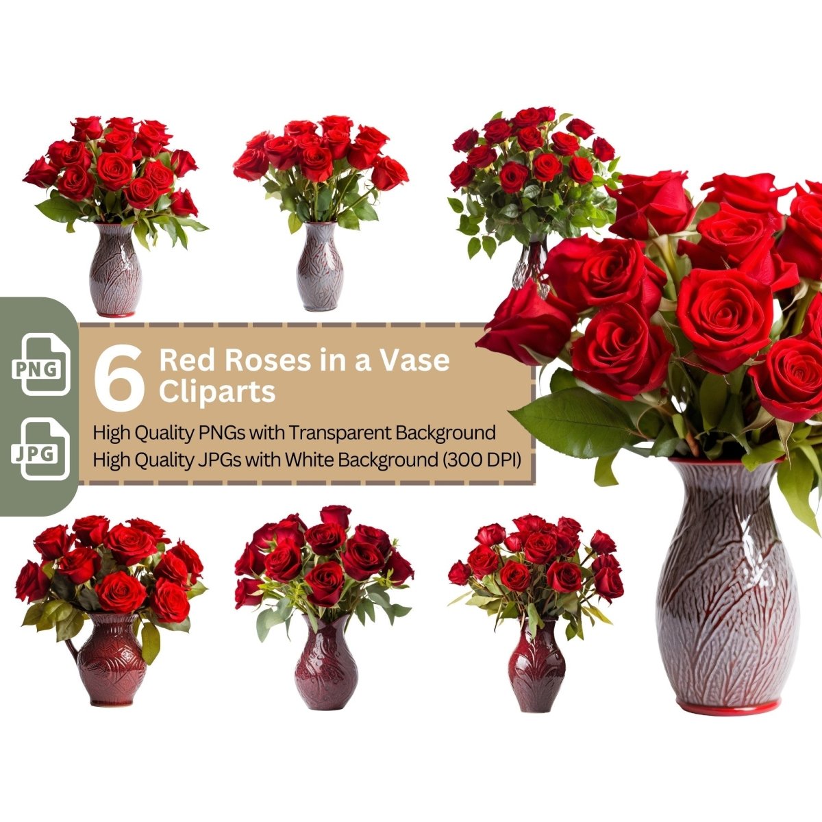 Red Roses in Vase 6+6 PNG Bundle for Sublimation Clipart - Everything Pixel
