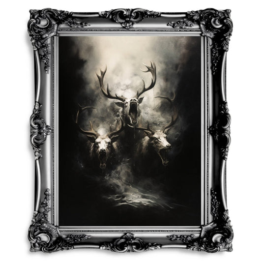 Reindeers from Hell Wall Art Dark Aesthetic Reindeer Painting Scary Dark Cottagecore Painting Spooky Christmas Horror Wall Art Paper Poster Print - Everything Pixel