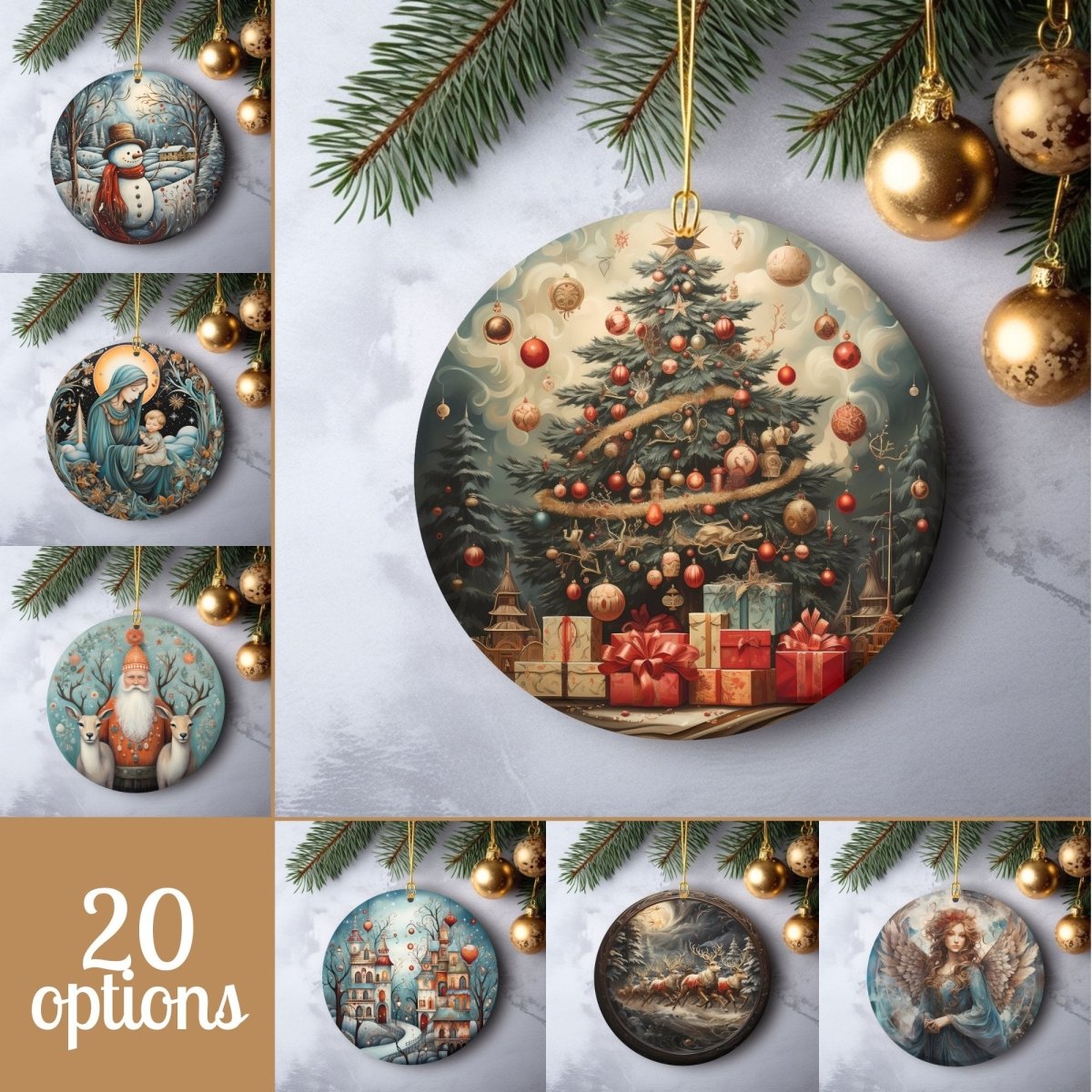 Retro Christmas Ornaments Set of 20 Round Ceramic Ornaments with Wonderful Retro Xmas Designs Festive Christmas Tree Decoration - Everything Pixel