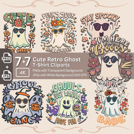 Retro Halloween Clipart Bundle 7+7 PNG Groovy Halloween T-Shirt Graphics Pastel - Everything Pixel