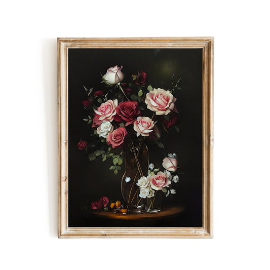 Roses in glasvase on table still life painting vintage farmhouse decor - Everything Pixel
