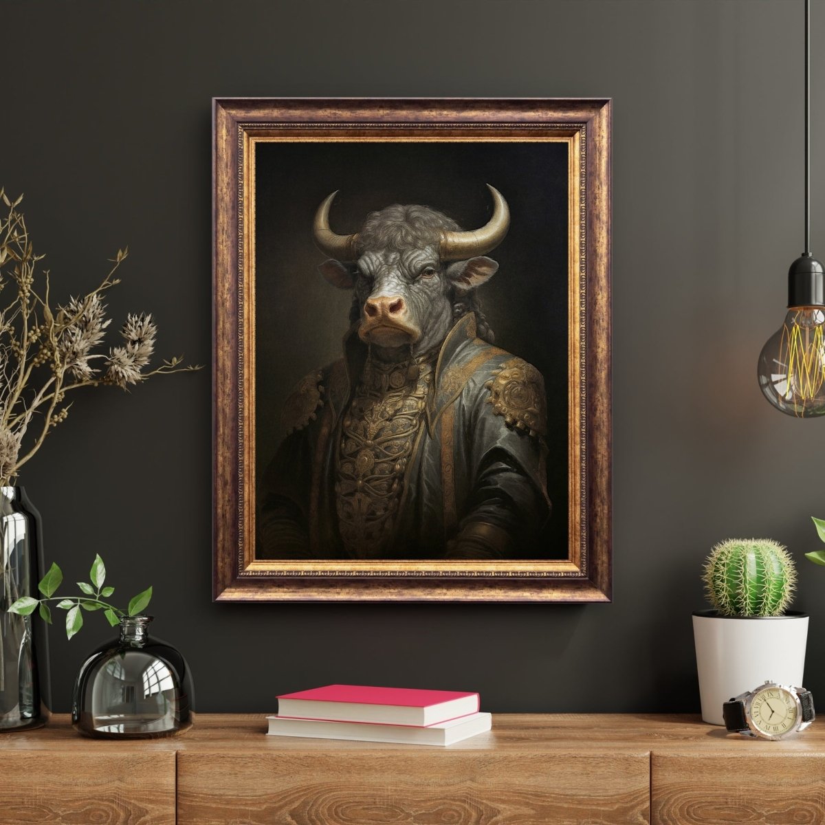 Royal Bull Wall Art Renaissance Animal Portrait Painting Baroque Bull Artwork Dark Academia Poster Animal Taurus Goth Decor Paper Poster Print - Everything Pixel