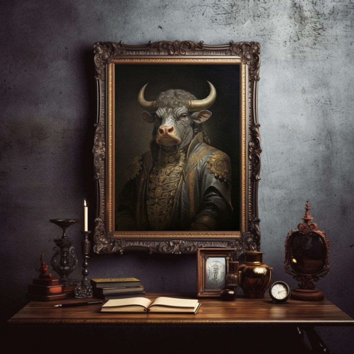 Royal Bull Wall Art Renaissance Animal Portrait Painting Baroque Bull Artwork Dark Academia Poster Animal Taurus Goth Decor Paper Poster Print - Everything Pixel