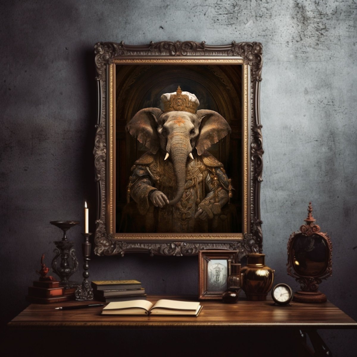 Royal Elephant Wall Art Renaissance Animal Portrait Painting Baroque Elephant Artwork Dark Academia Poster Animal Goth Decor Paper Poster Print - Everything Pixel