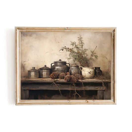 Rustic Still Life Wall Art Vintage Kitchen Still Life Artwork Rustic Christmas Print Country Kitchen Decor Moody Farmhouse Art Paper Poster Print - Everything Pixel