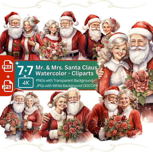 Santa and Mrs Claus Watercolor Clipart 7x PNG Bundle Festive Clipart Advent Art - Everything Pixel