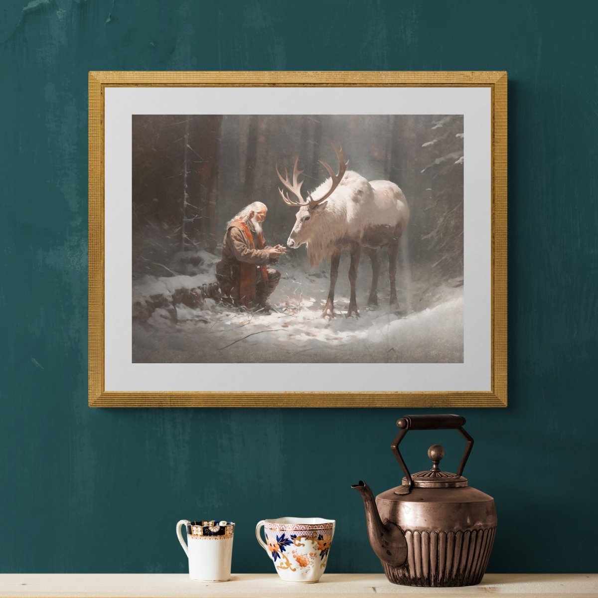 Santa with Companion Wall Art Vintage Reindeer Painting Charming Christmas Scene Muted Seasonal Santa Claus with Reindeer Artwork Paper Poster Print - Everything Pixel