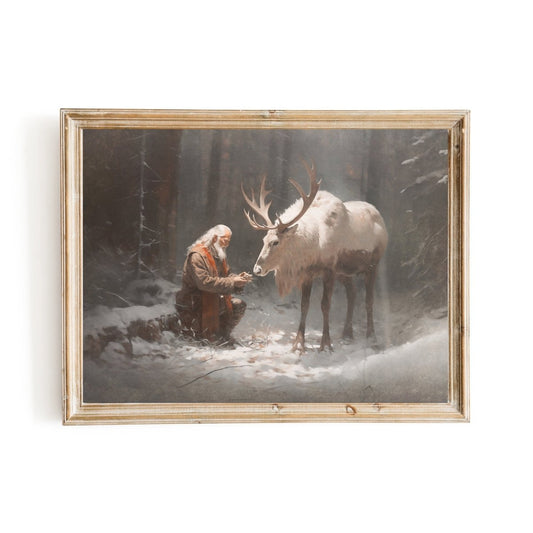 Santa with Companion Wall Art Vintage Reindeer Painting Charming Christmas Scene Muted Seasonal Santa Claus with Reindeer Artwork Paper Poster Print - Everything Pixel