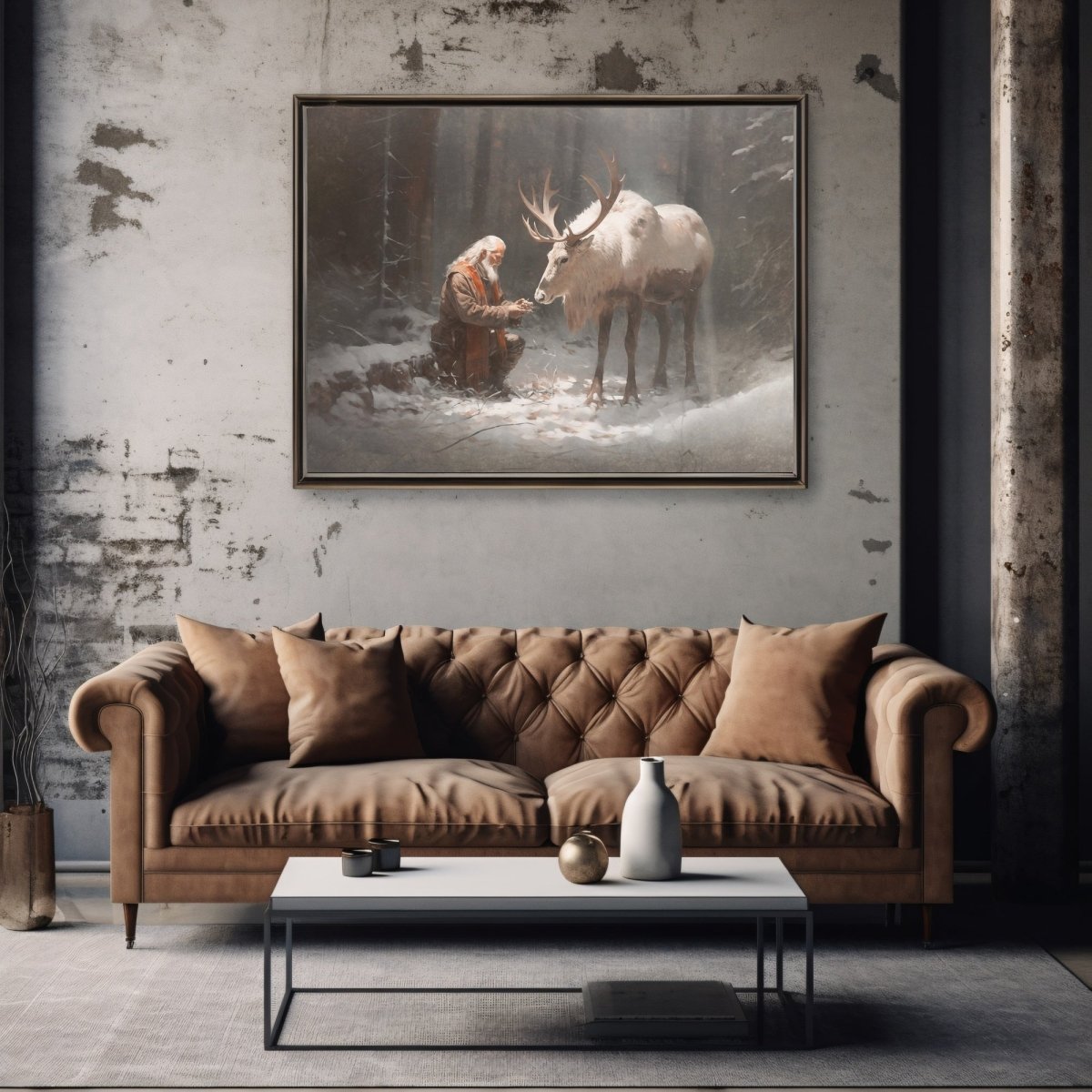 Santa with Companion Wall Art Vintage Reindeer Painting Charming Christmas Scene Muted Seasonal Santa Claus with Reindeer Artwork Paper Poster Print - Everything Pixel