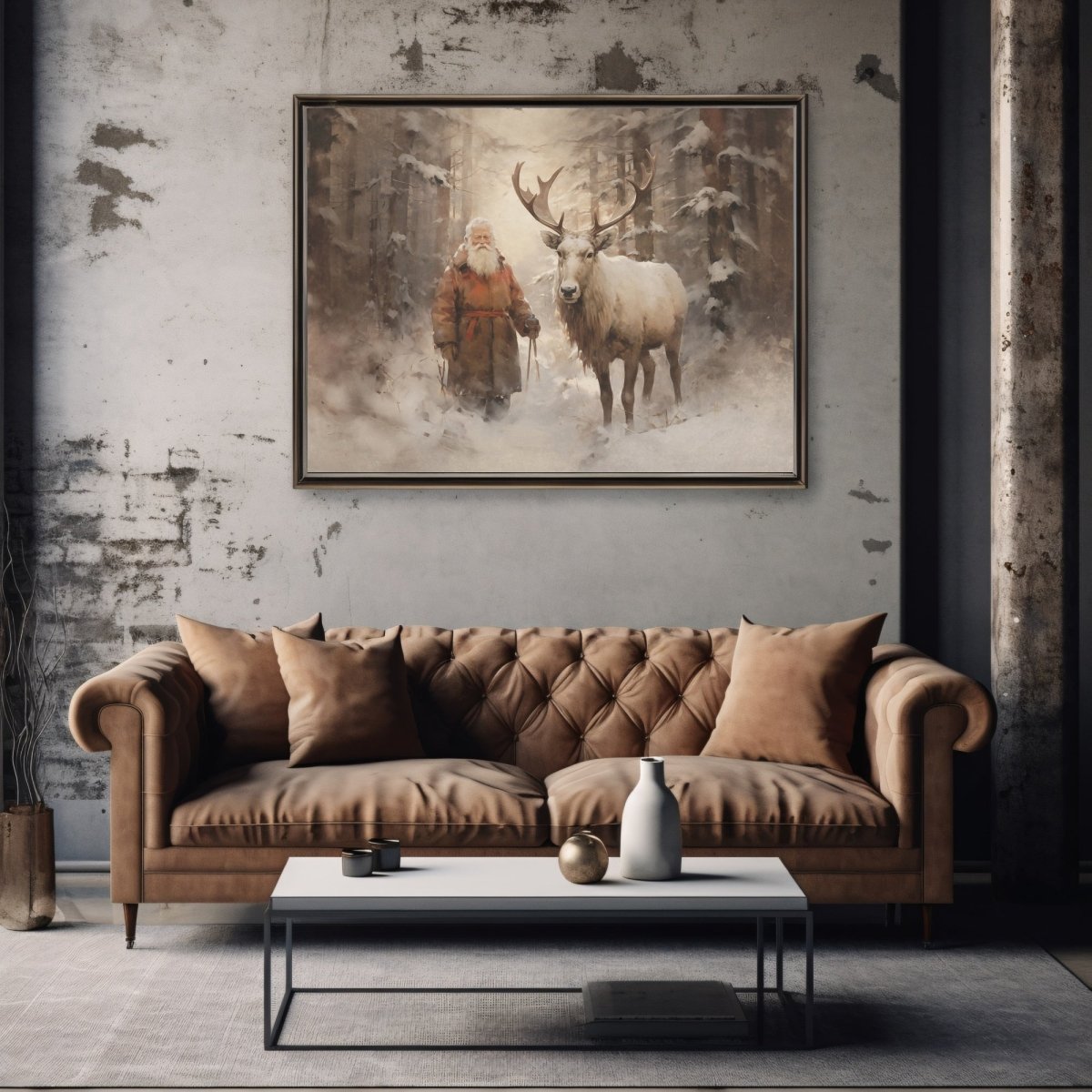 Santa with Reindeer Companion Wall Art Vintage Reindeer Painting Charming Christmas Scene Muted Rustic Seasonal Winter Artwork Paper Poster Print - Everything Pixel
