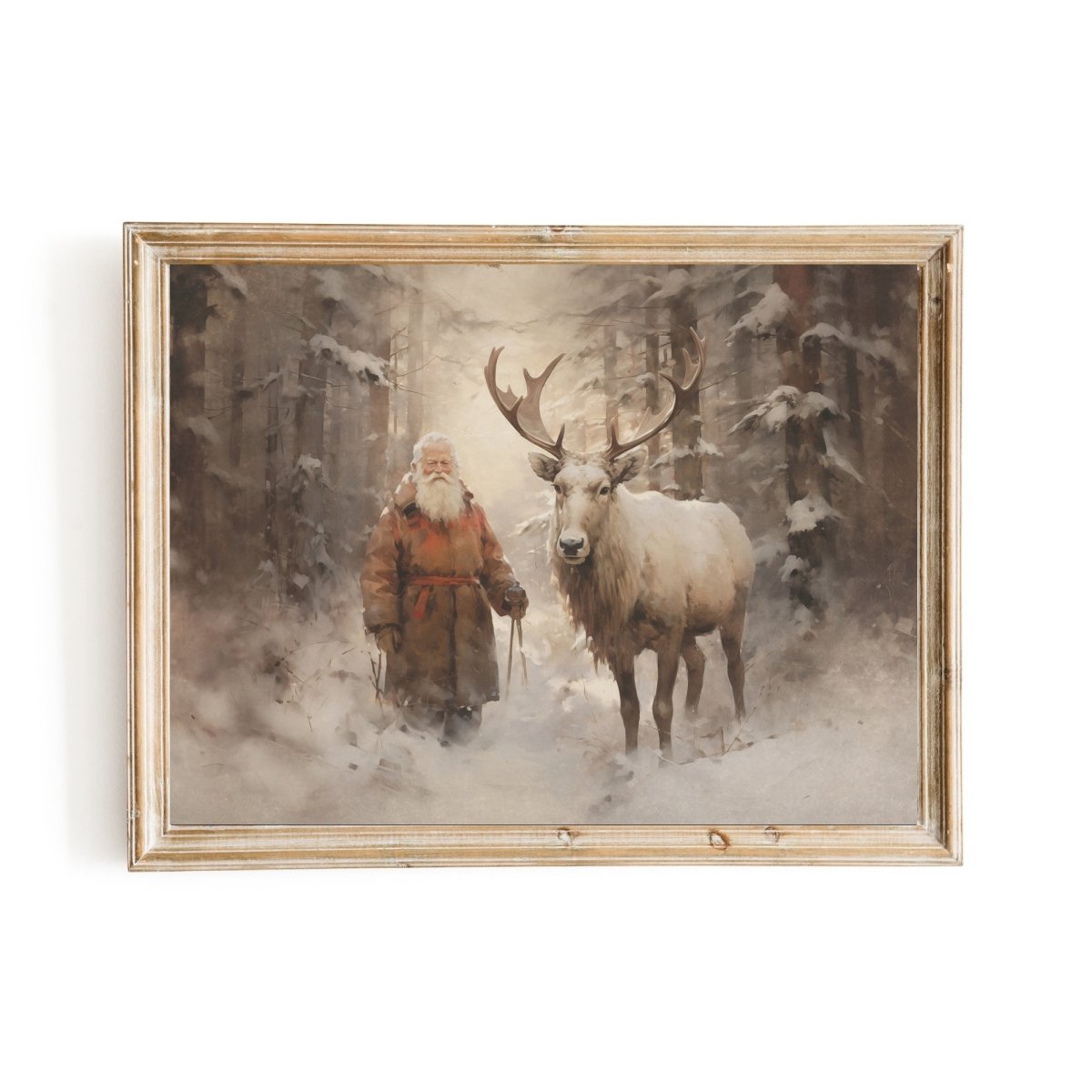 Santa with Reindeer Companion Wall Art Vintage Reindeer Painting Charming Christmas Scene Muted Rustic Seasonal Winter Artwork Paper Poster Print - Everything Pixel