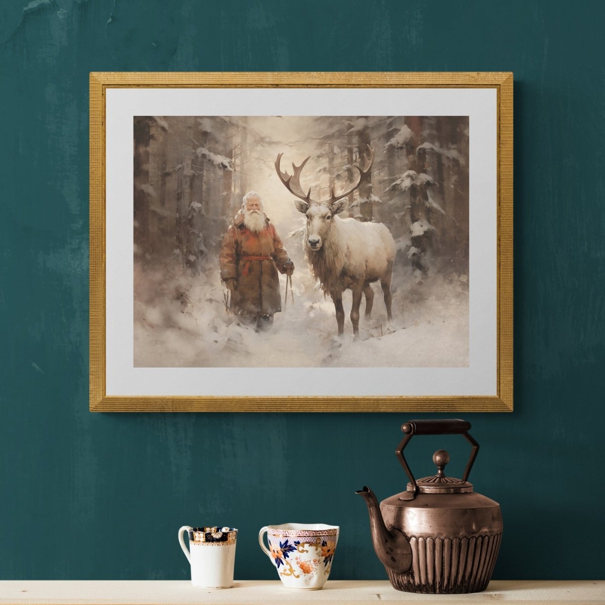 Santa with Reindeer Companion Wall Art Vintage Reindeer Painting Charming Christmas Scene Muted Rustic Seasonal Winter Artwork Paper Poster Print - Everything Pixel